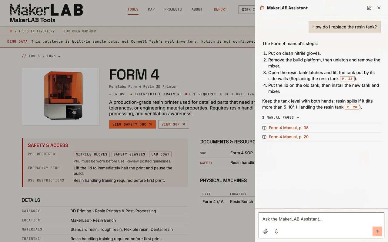 An answer with page references and the list of manual pages it used.
