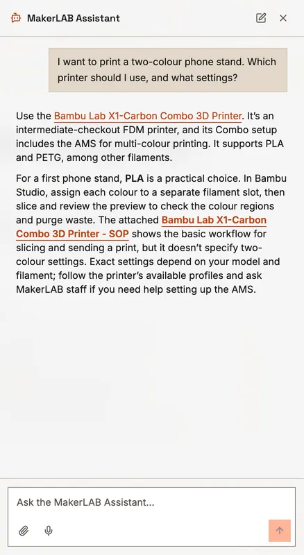 The assistant recommends the X1-Carbon with its AMS for a two-colour phone stand, PLA, and how to assign colours in Bambu Studio.