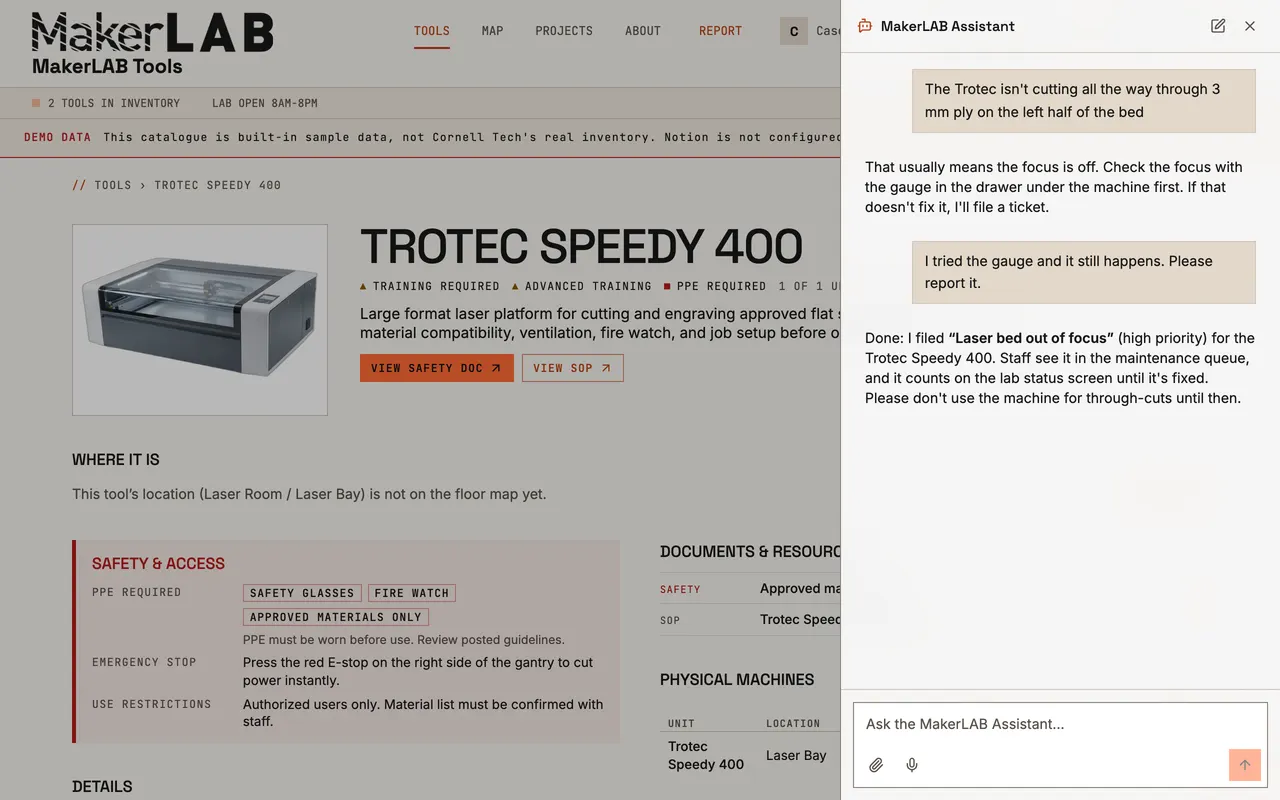 The assistant files a maintenance ticket for the Trotec Speedy 400.
