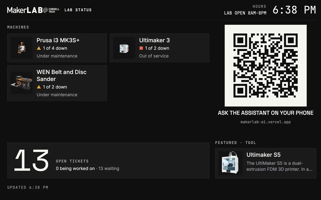 The lab status screen with machines down, open tickets and a QR code.