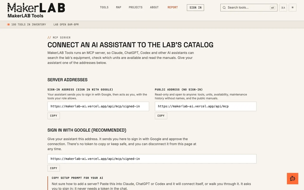 The MCP page with the server address and its tools.