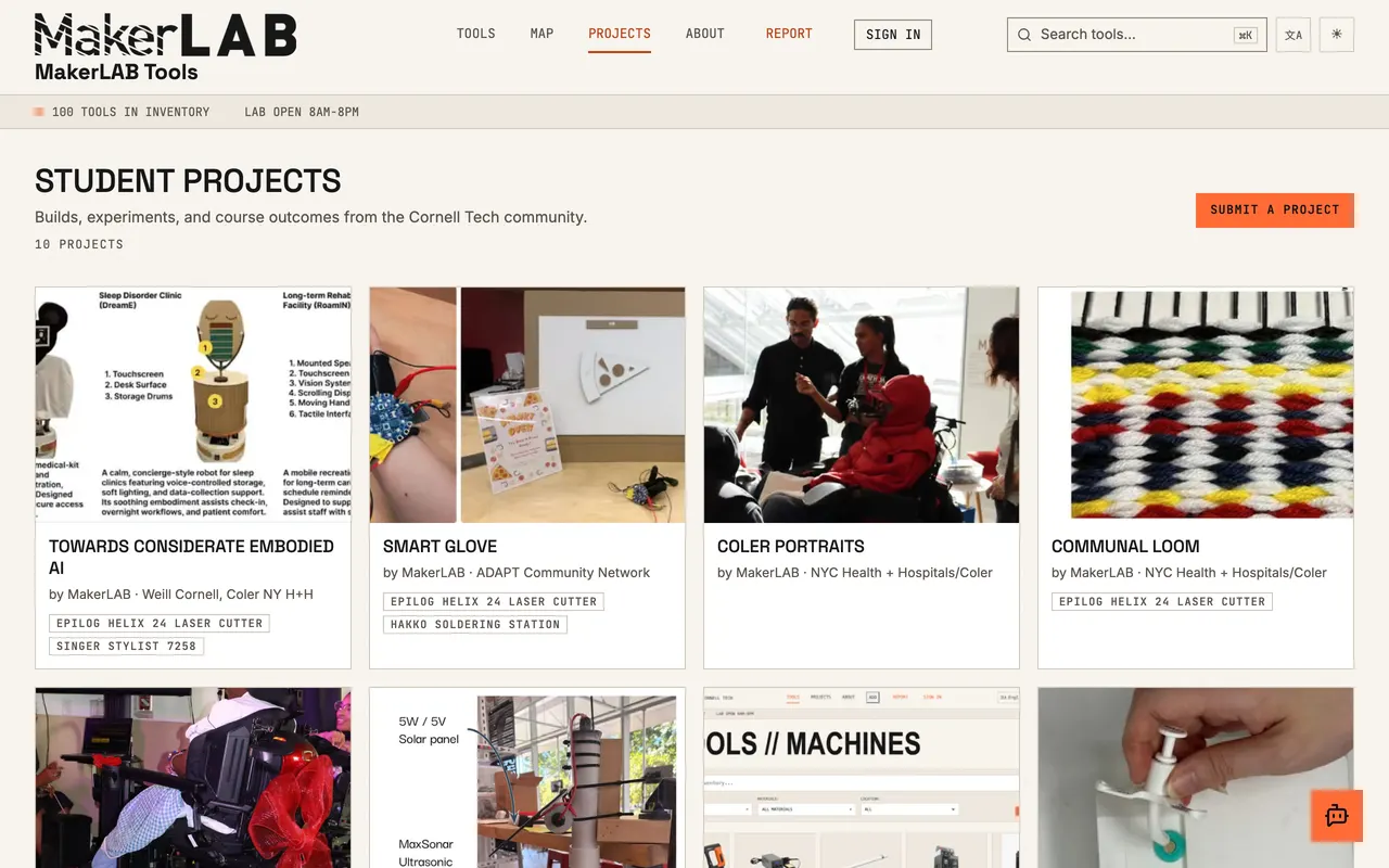 The projects gallery: student projects with photos and the tools used.